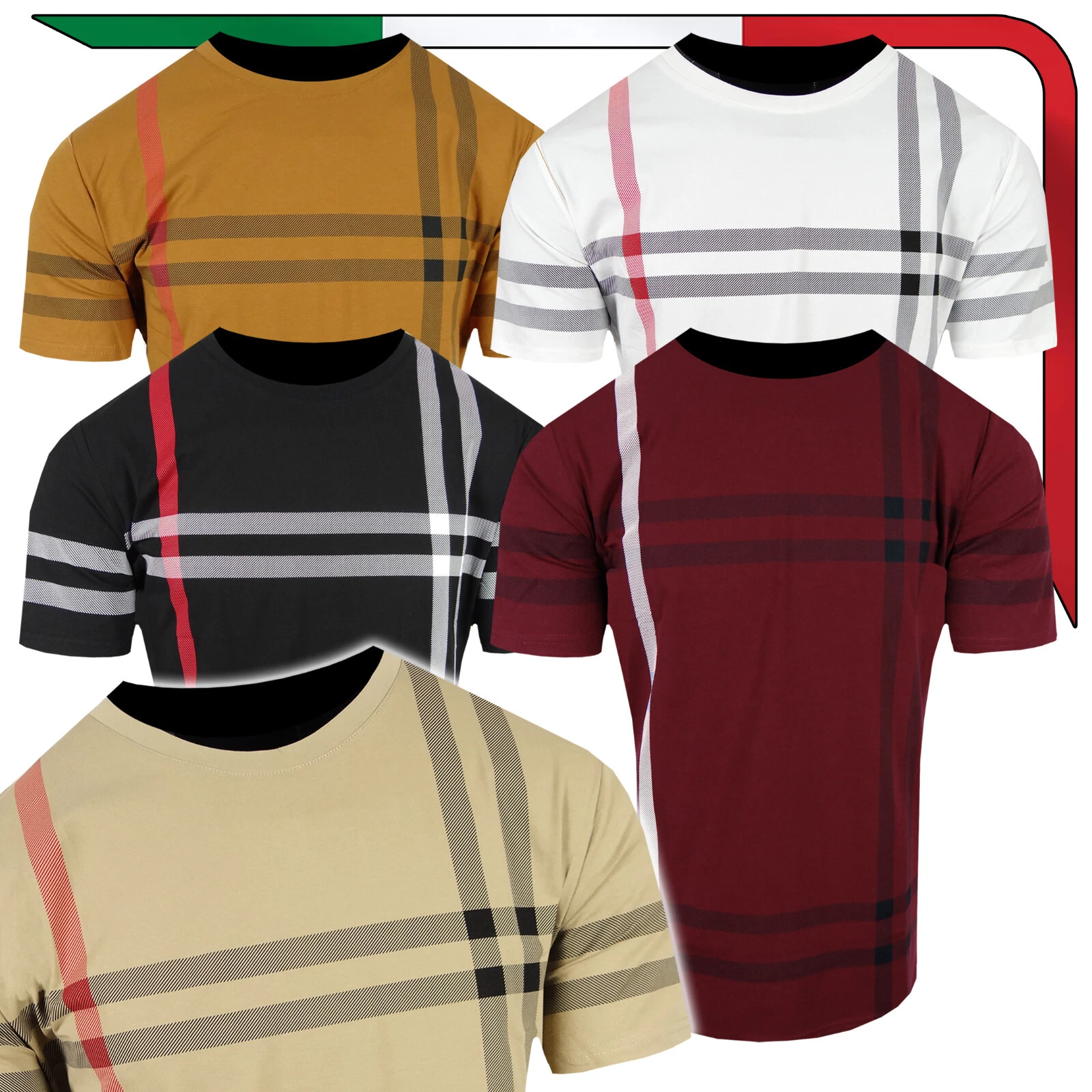 Designer T Shirt Plaid Mens Italian Stripe Colors Crew Neck Slim Fit Stretch Tee