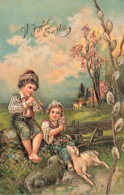 c1910 Old World Boy Girl Flute Sheep Field Fence Gold Embossed Easter P408