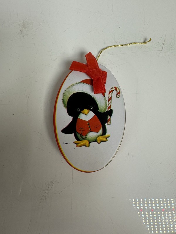 Vintage 1985 Enesco Christmas Tin Ornament Happy Holidays Collectible Penguin