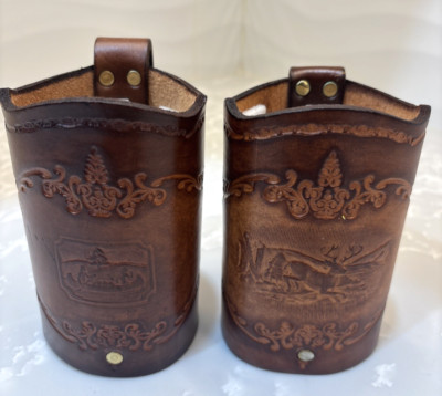 2 Tooled Leather Drink Holders w/ Handle   Bottle Can Koozies by Artec Belts