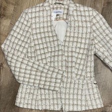 NWOT Calvin Klein Off White Gold Tweed Crop Short Wool Blazer Size 8P