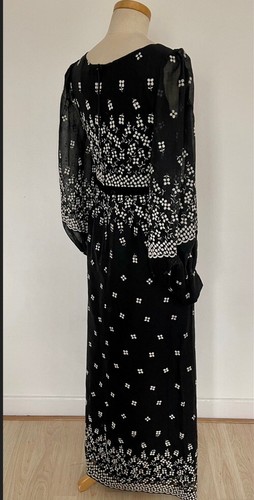Vintage 60s Maxi Prairie Dress Black Silk Georgette White Embroidery Unworn - Picture 3 of 10