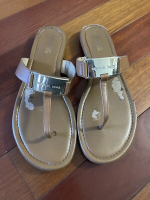 Michael Kors Womens MK Plate Brown Thong Sandals Size Medium