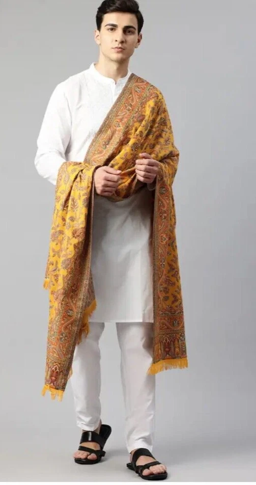 Men's New Cashmere Indian Wool Blanket Warm Shawl Stole Wrap Floral Scarf Yellow