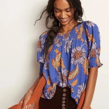 Anthropologie Dolan Danna Smocked Blouse Sz  L? Blue Paisley Floral Short Sleeve