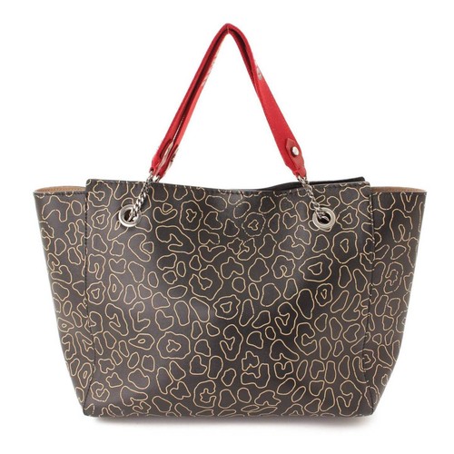 Jimmy Choo Leopard Print FLO Leather Chain Tote Bag Black x Red