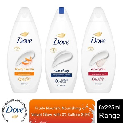 Dove Body Wash Nourishing, Fruity Nourish oder Velvet Glow 225ml, 6er Pack