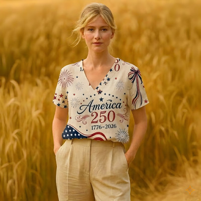 Retro American Flag Women Top Shirt, USA 250th Anniversary Blouse Shirt