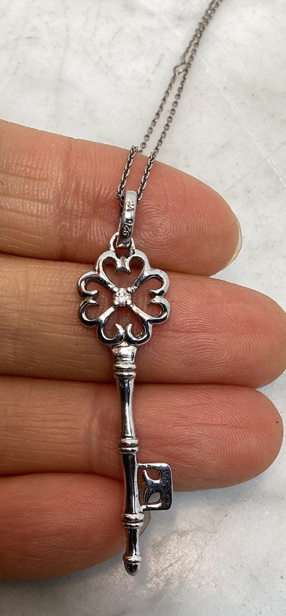 Vintage 925 Sterling Silver CZ Skeleton Key Pendant Necklace | eBay