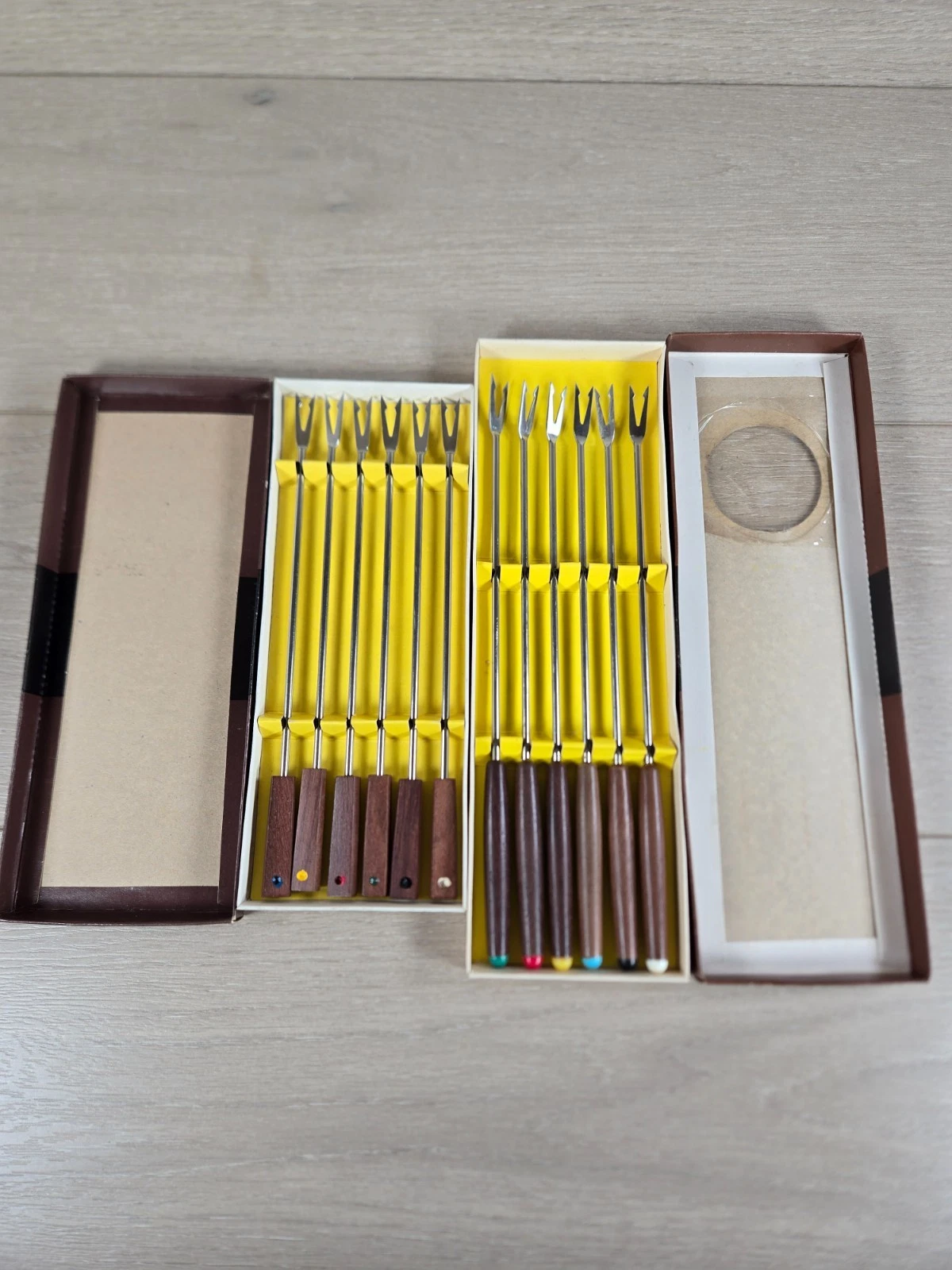 Two Sets 6 Vtg Stainless Steel Wood Handle Fondue Skewers Forks Japan With Box