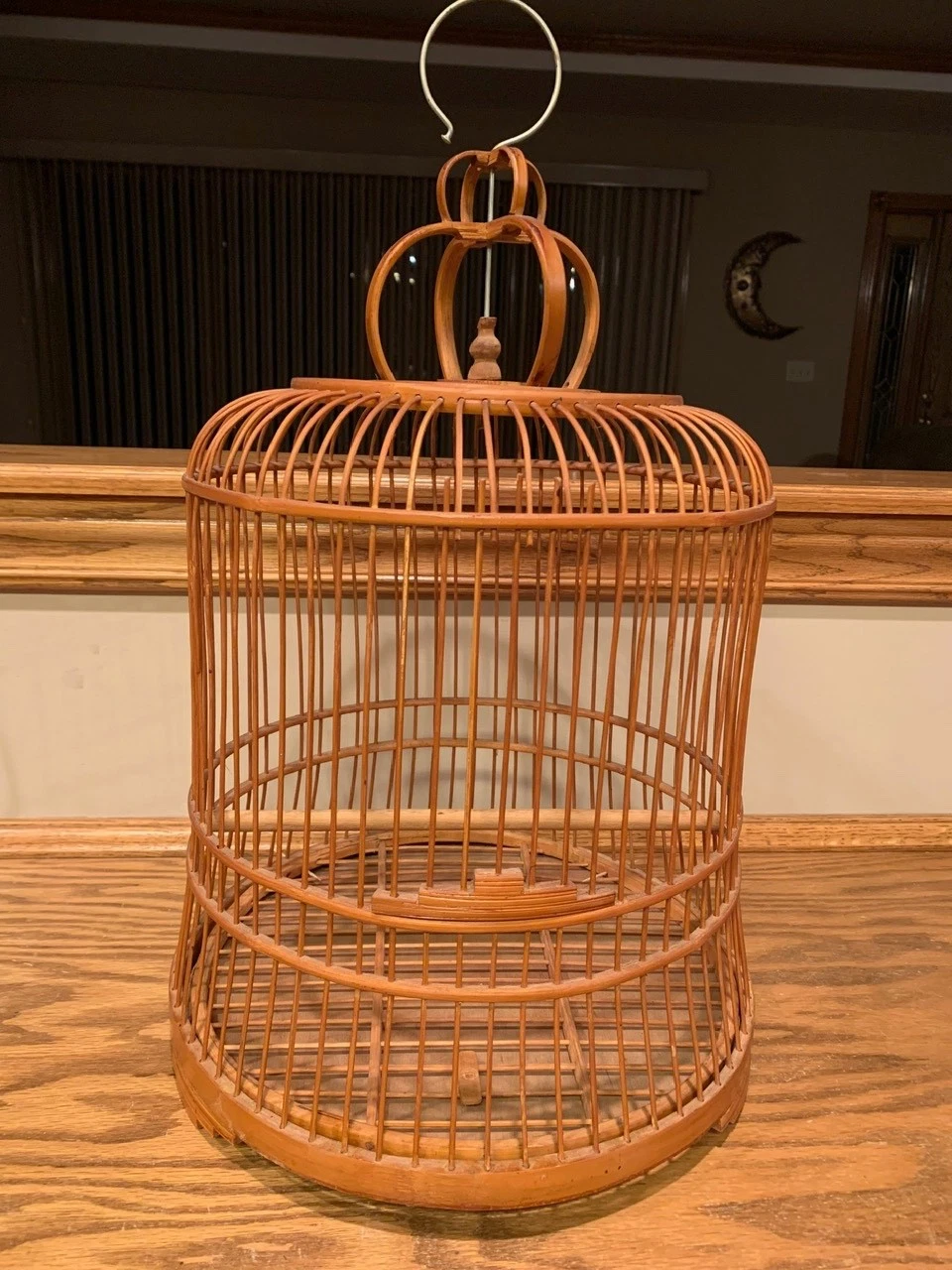 Vintage Asian Round Bird Cage Bamboo & Carved Wood Hanging or Tabletop