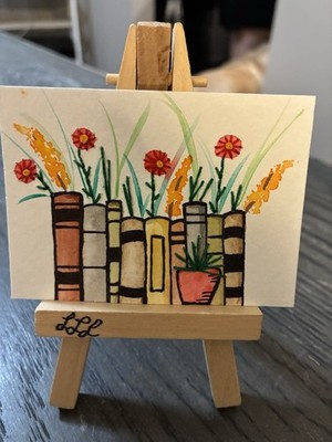 ACEO Original Embroidered Watercolor Books & Flowers  What Are You Reading?   26