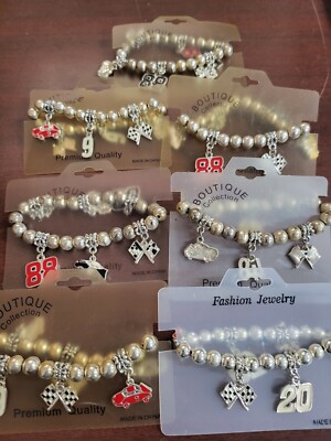 7 NASCAR Charm Bracelets on Display Cards for Resale