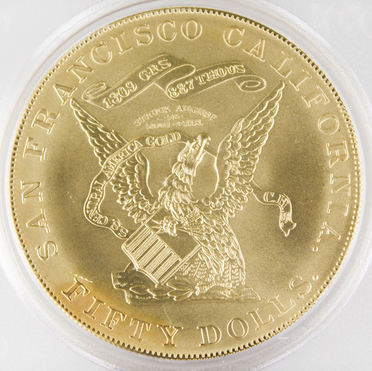 1855 Kellogg Restrike $50 Gold Coin PCGS Gem UNC 2.41 Oz AGW SS