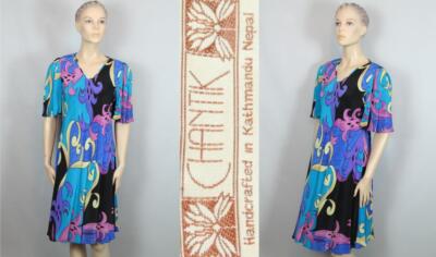 Vtg CHANTIK Handcrafted Kathmandu Nepal Floral Painted Pure Silk A-Line Dress S