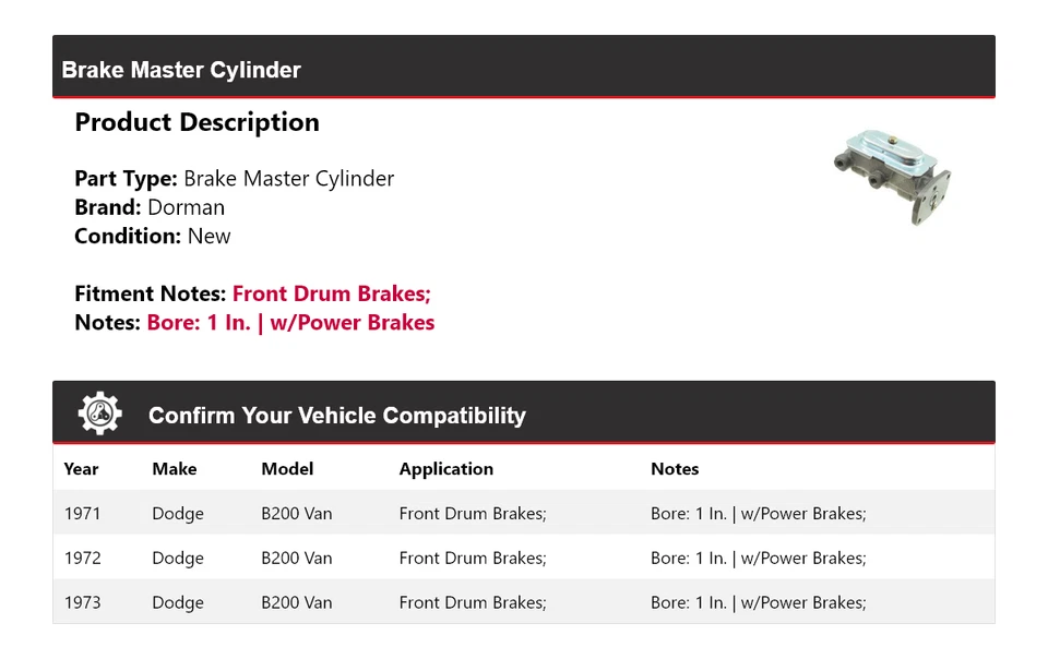 Cilindro maestro de freno para Dodge B200 Van Dorman 1971-1973 1972 Foto 2 de 4