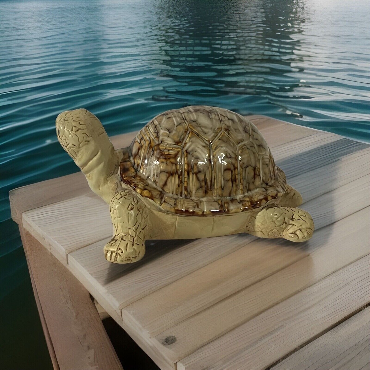 Vintage Land Turtle Six Inch Clay Hand Painted Tortoise Tan And