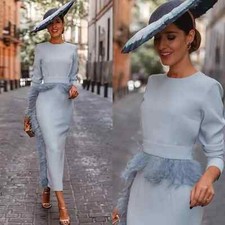 Blue Feather Sheath Mother Of The Bride Dresses Tea Length Satin Wedding Guest