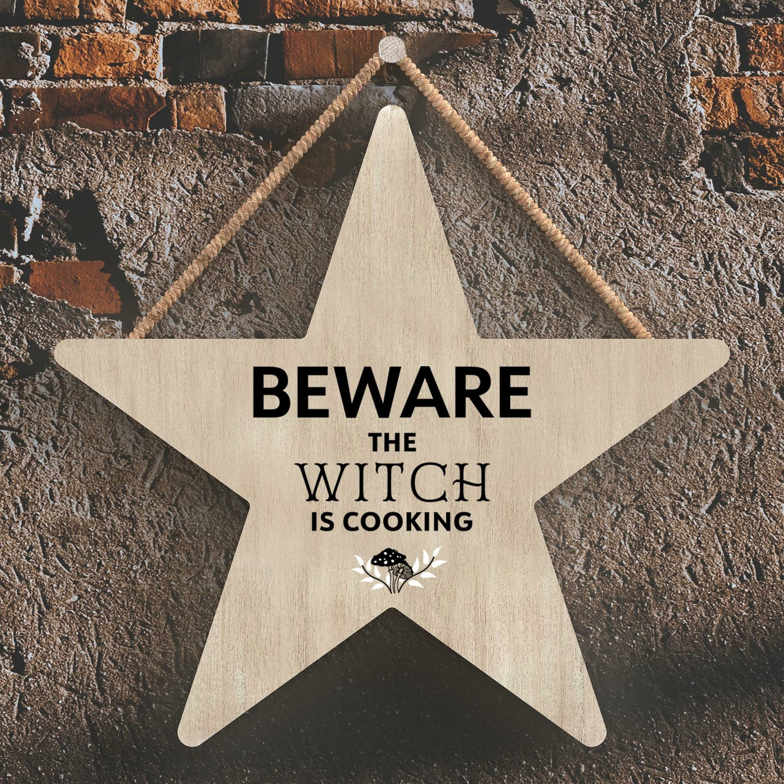 BEWARE WITCH COOKING STAR SHAPED WITCHCRAFT THEMED HALLOWEEN WOODEN PLAQUE