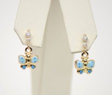 14K Solid Yellow Gold Butterfly Dangle Earring with Enamel