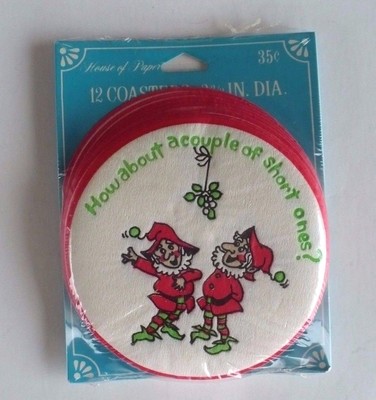 VINTAGE 1950'S HOUSE OF PAPER 2 ELVES MISTLETOE COASTERS SEALED PKG. AMER GREET