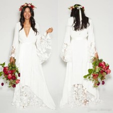 Boho Wedding Dresses Long Sleeves Deep V Neck Long Lace Applique Bridal Gowns