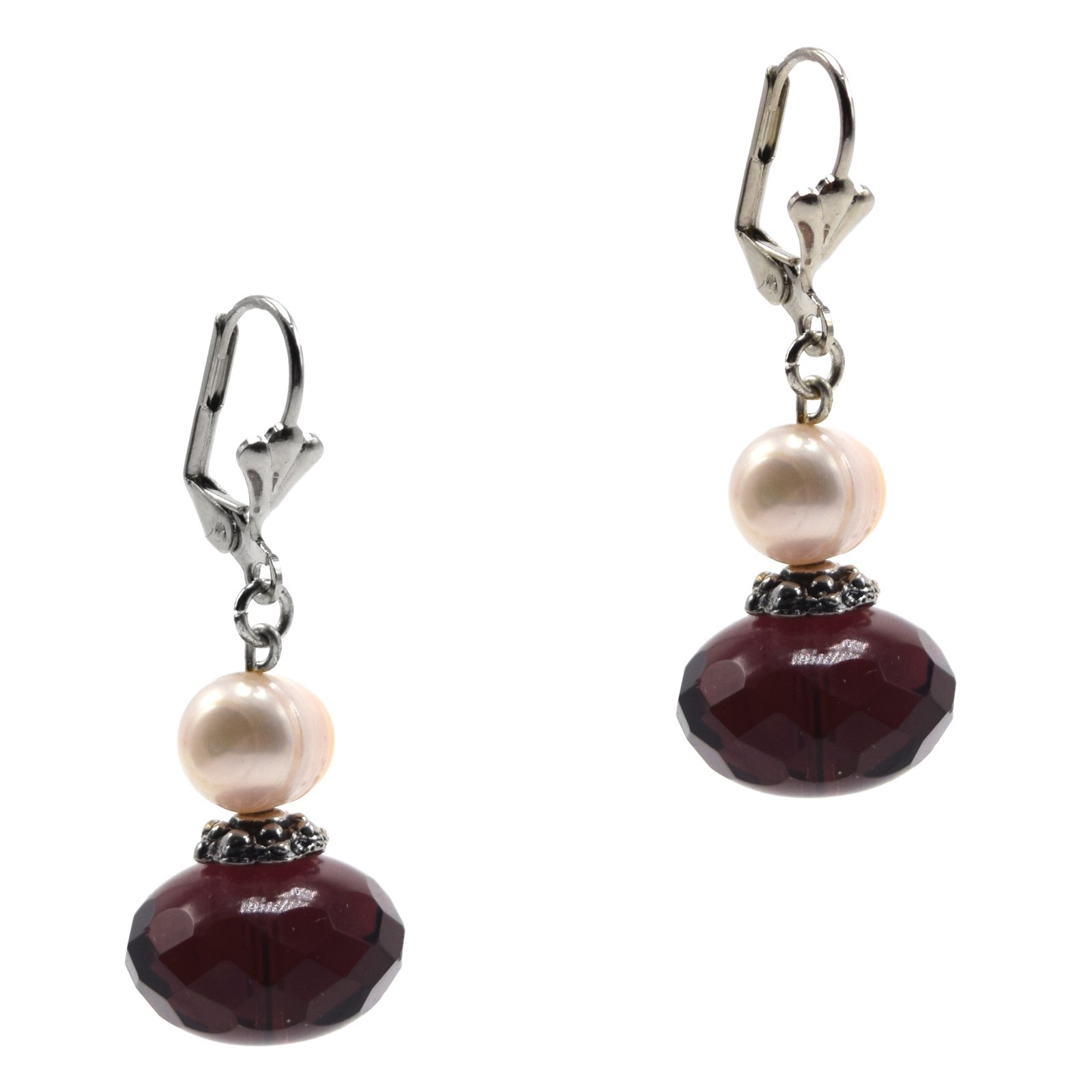 Dangle Fashion Freshwater Pearl & Purple Crystal Silver Earrings Leverbacks 