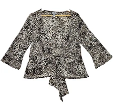 Chicos Travelers Sz 1 Slinky Cardigan Topper M Tie Front Animal Jungle Cat Print