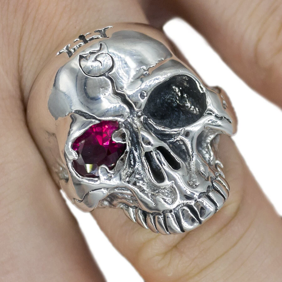 Anillo 32g grueso pesado biker king ojo rojo calavera gótico plata esterlina 925 para hombre Foto 2 de 4