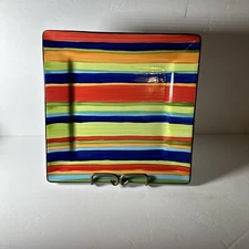 Gibson Elite  Multi Colored Striped -10” Square Dinner Plates- Hand painted USA