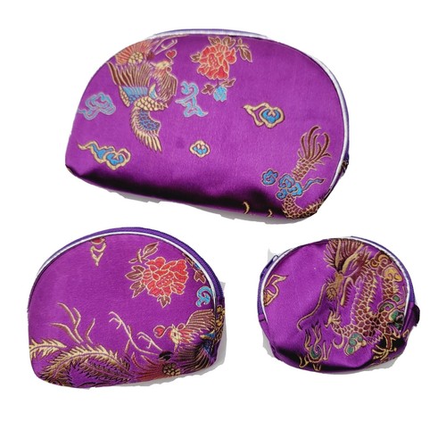 Three Small Purple Makeup Cosmetic Bags Phoenix Design 7", 4.5", 3.5" Wide