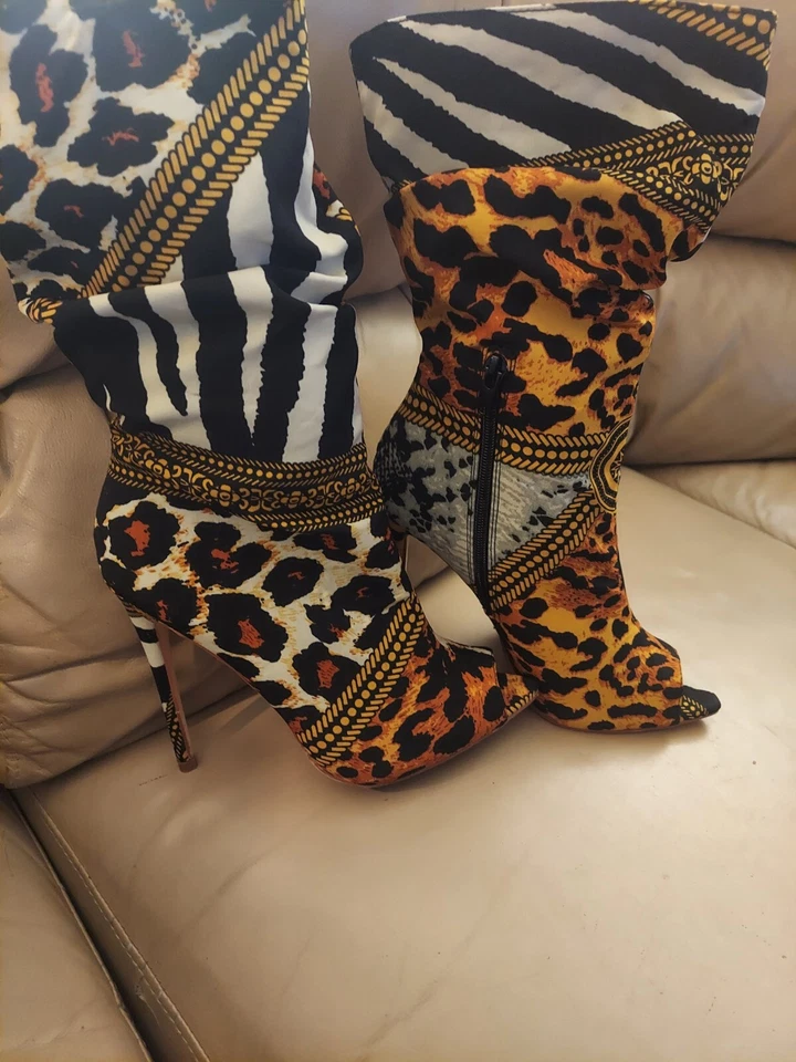 Liliana "Miss L" животных печати ткани заглянуть носок ботинки на шпильке размер 8 М - Изображение 2 из 4