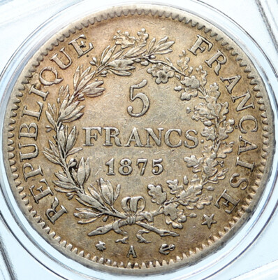 1875 A FRANCE Hercules Group Antique VINTAGE Silver 5 Franc French