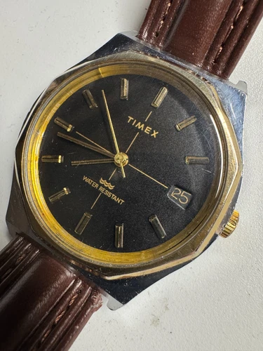 Timex Vintage Marlin Wind Up Black/Gold 37MM Runs Good