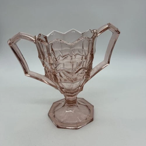 Vtg Pink Depression Glass Open Sugar Bowl Double Handle Vase MCM Shabby Chic