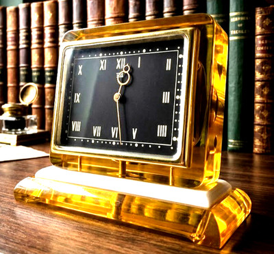 Rare 1950s Soviet Skeleton Clock Amber Acrylic CHCHZ USSR Iron Curtain Serviced