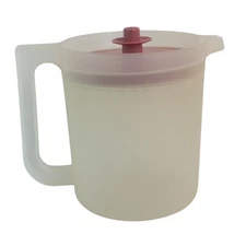 Vintage Tupperware 1.5 Quart Sheer White Pitcher 1575-7 Pink Push Button Lid