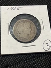 1905 Barber Quarter Dollar 90% Silver Coin Tough Date. Nice Coin
