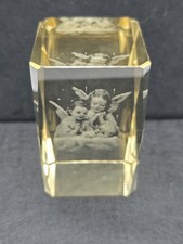 3D Glass Crystal Lazer Etched 2 Cherbs Amber Color Paperweight Ornament 3"