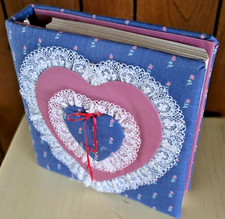 VTG Handmade Wedding Photo Album Blue Fabric Heart Lace Padded Cover 40 Page NEW