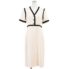 GUCCI Tweed Dress 2018y Interlocking GG Logo Button Women Size 42 Ivory Black