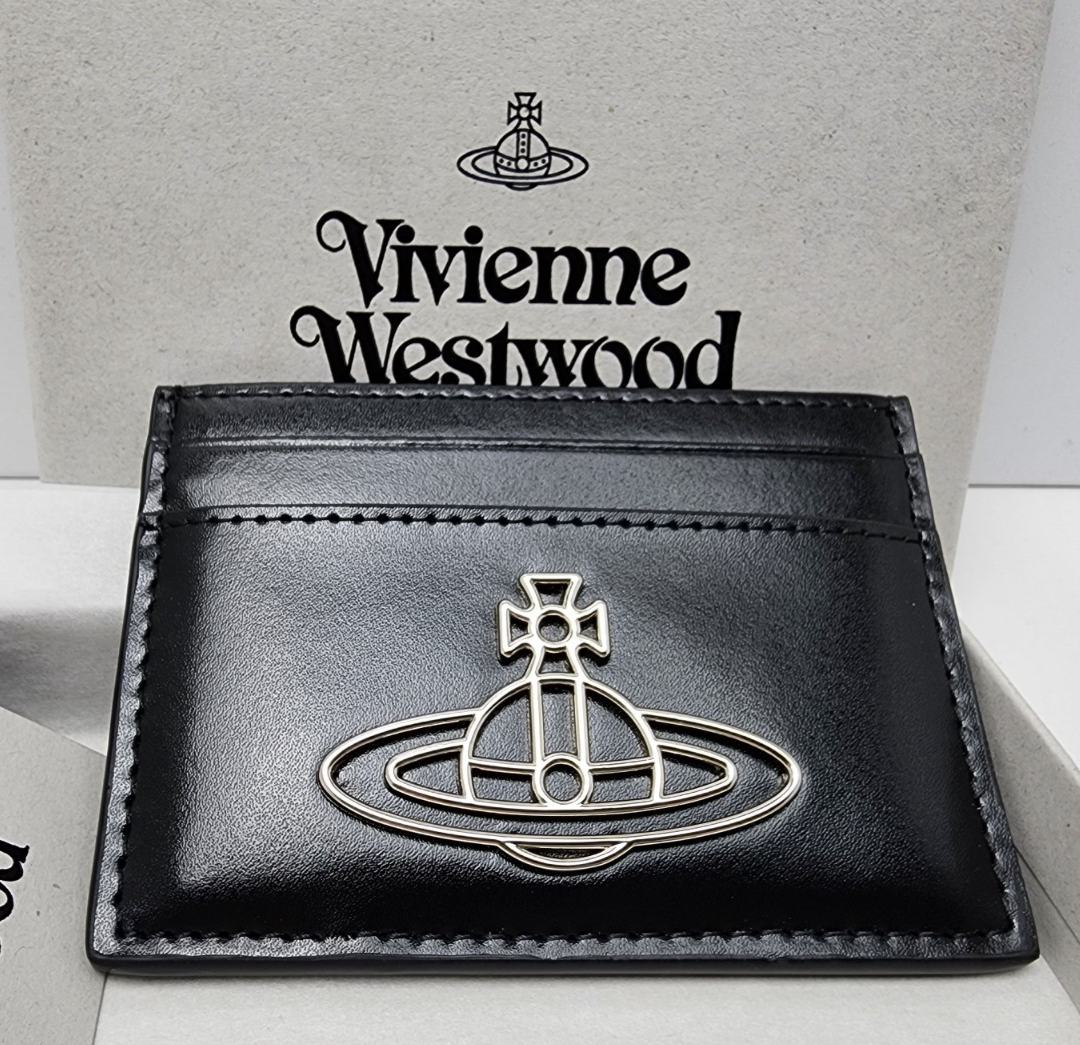 Vivienne westwood Silky Leather Flat Card Holder Black Silver ORB