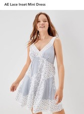 American Eagle Blue Patchwork Floral Plaid Lace Trim Mini Dress Blue Spring