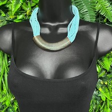 Multi Strand Seed Bead Necklace Turquoise Blue Bib Gold Coil Statement 3801