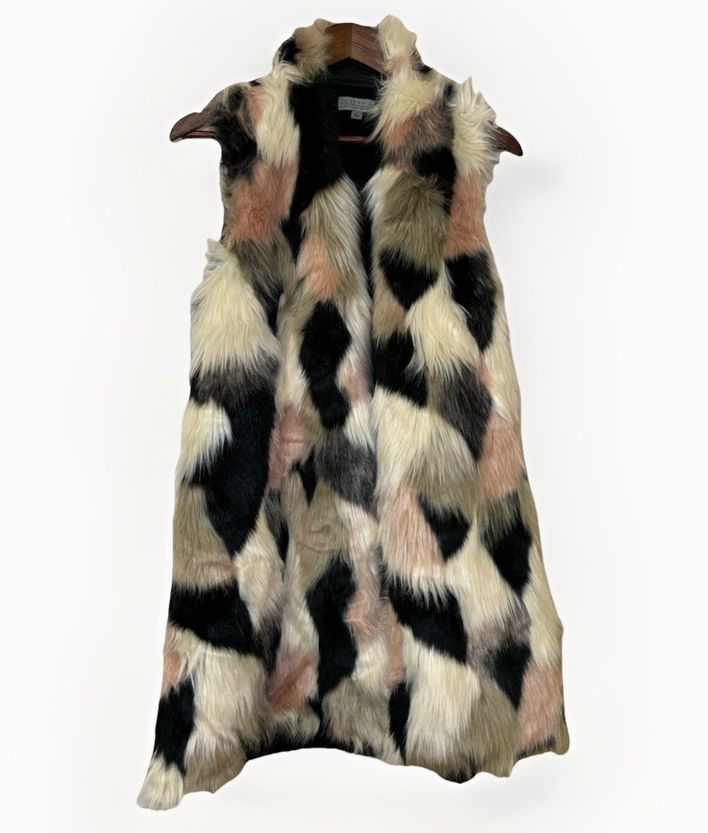 Joseph A Size Lg Womens Faux Fur Vest Long Plush Open Front Black Ivory Blush