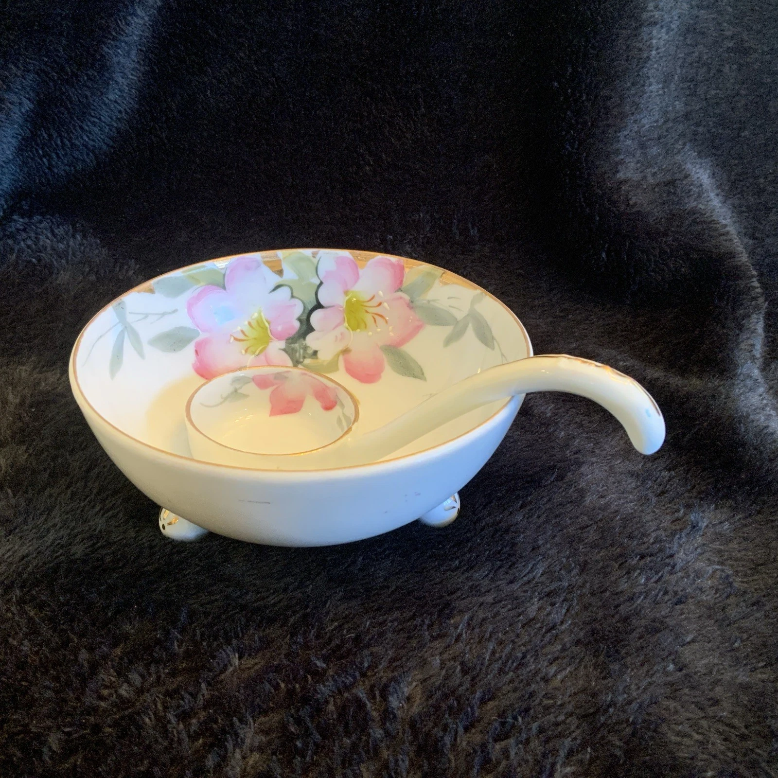 Vintage Noritake Fine China Azalea Pattern Footed Mayonnaise Bowl W/Ladle 4.5”D