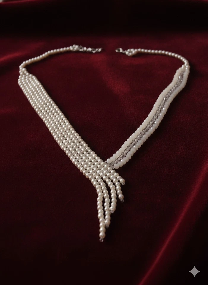 Collana Girocollo Elegante Perle Fatta A Mano Cristallo Bianco Sposa Cerimonia - Immagine 4 di 4