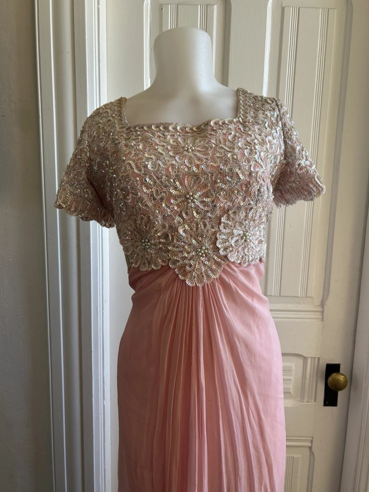 Vestido vintage años 60 70 Emma Domb rosa lentejuelas cuentas con capas de gasa talla M Foto 2 de 4