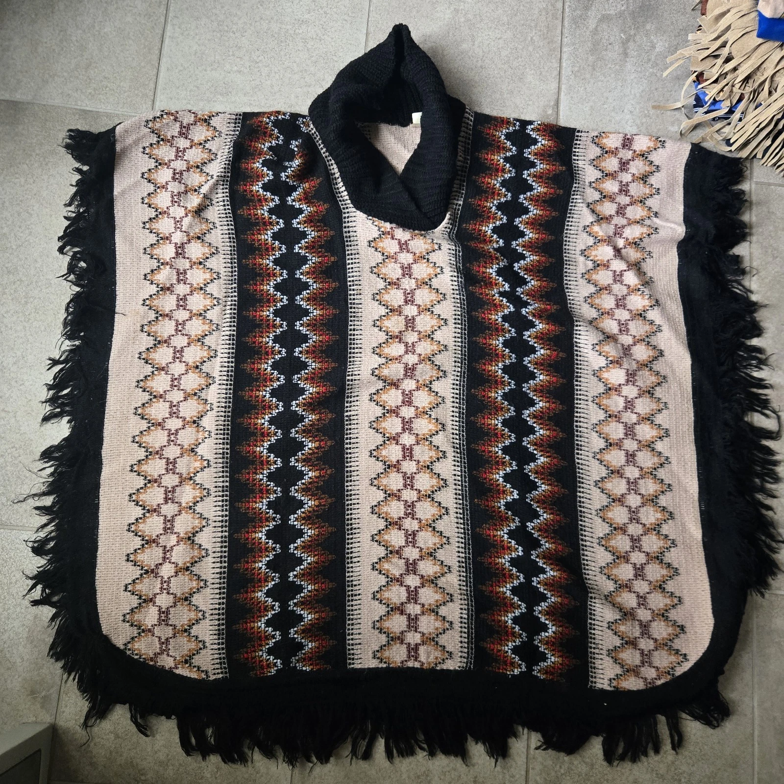 JFR Textile Poncho Coat Geometric Pattern Fringe Mexico Vtg Western Wear