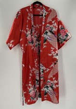 Vintage Japanese Kimono Robe Medium Long Red Peacock loral Print Belt